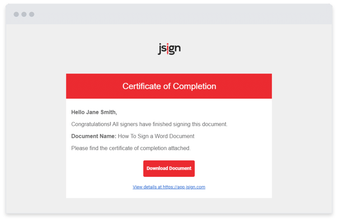 graphic certificate of completion in the jsign app