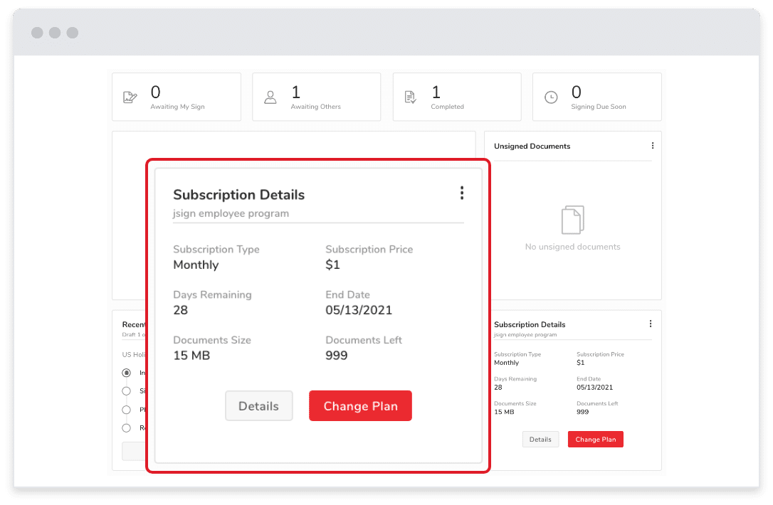 jSign screenshot subscription details